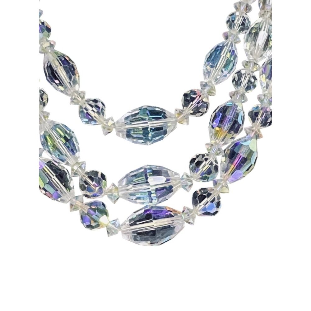 Vintage Triple Strand Aurora Borealis Rhinestone Beaded Necklace (6187) - Picture 3 of 8